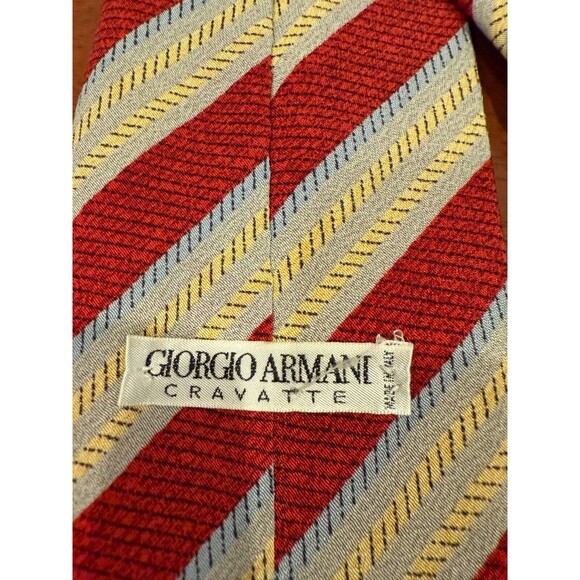 Giorgio Armani Silk Tie Slant Stripe Cravatte VTG | Red Yellow | 56"L 3.75"W - Picture 6 of 8